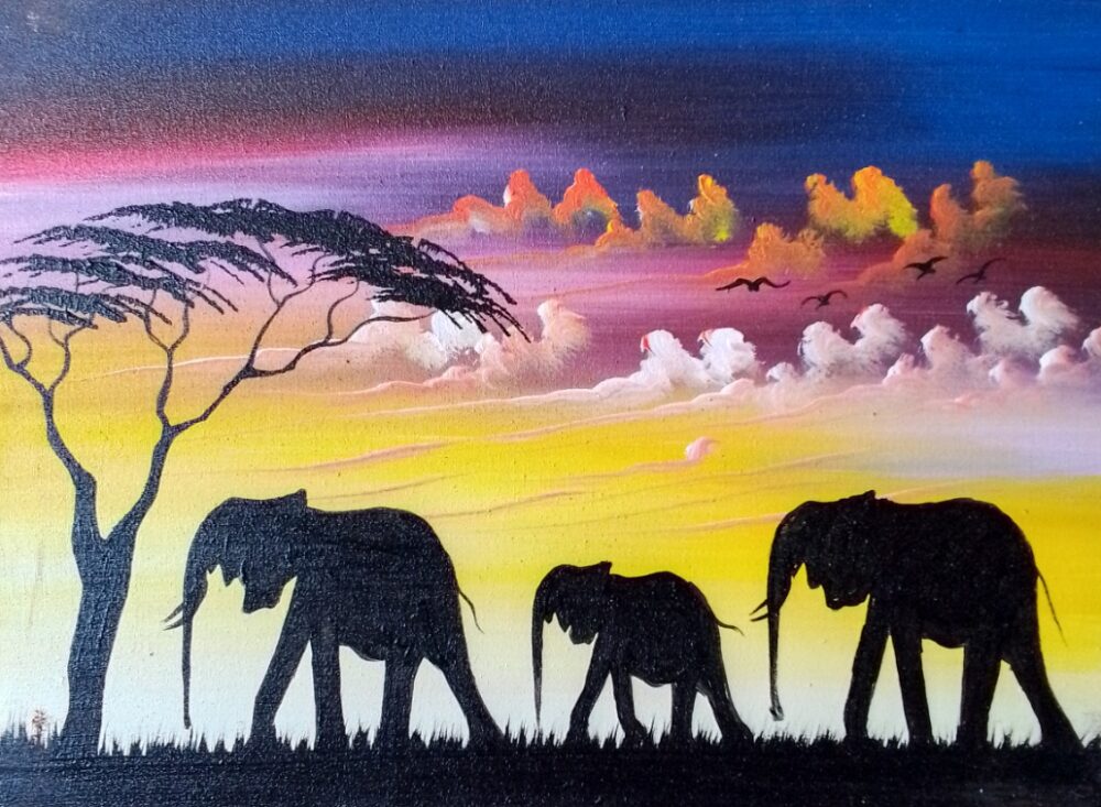 cute animals-african art. What do elephants eat. Sunset time.