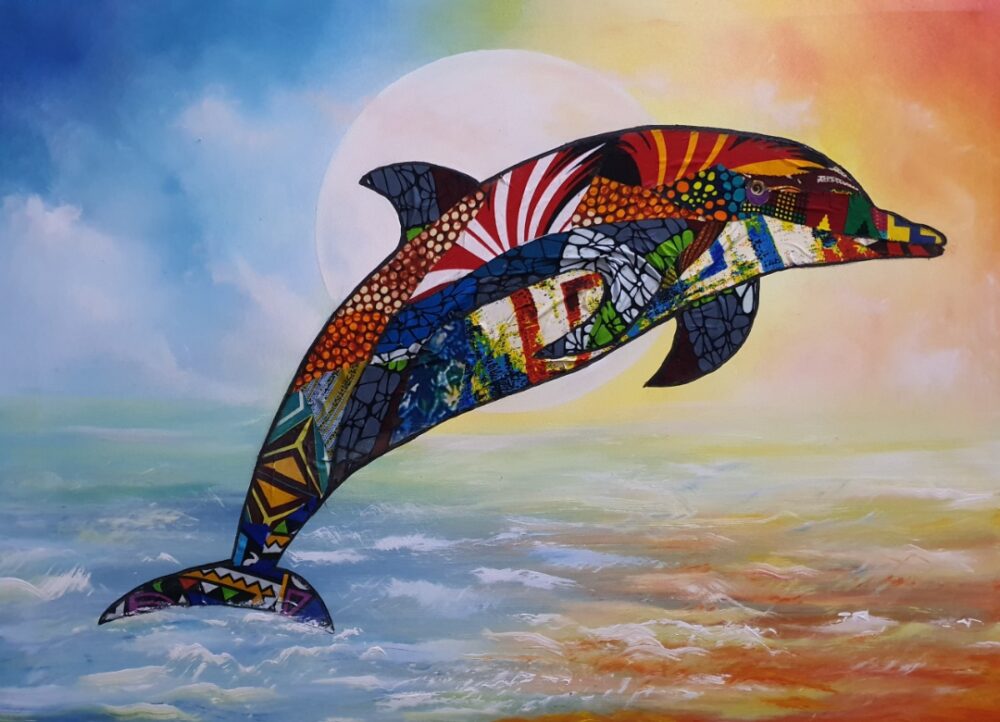 dolphin fish dance at sunset time. Wall art for living rooms and home decor.